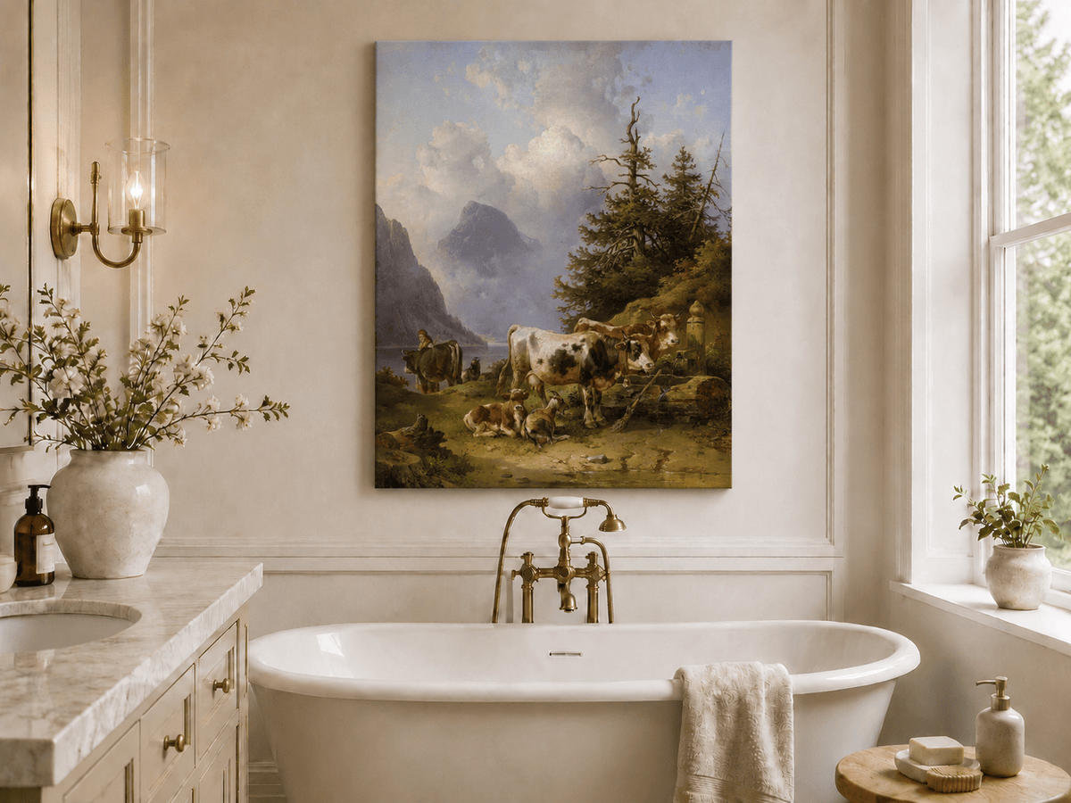 Hand-painted alpine lake with cattle, goats, herder and mountain landscape oil painting displayed in a bathroom interior above a bathtub.