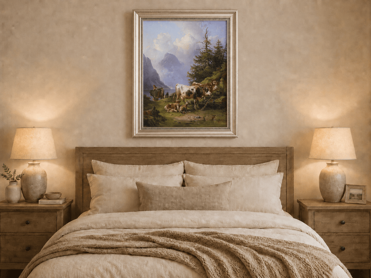 Hand-painted alpine lake with cattle, goats, herder and mountain landscape oil painting displayed above a bed in a bedroom interior.