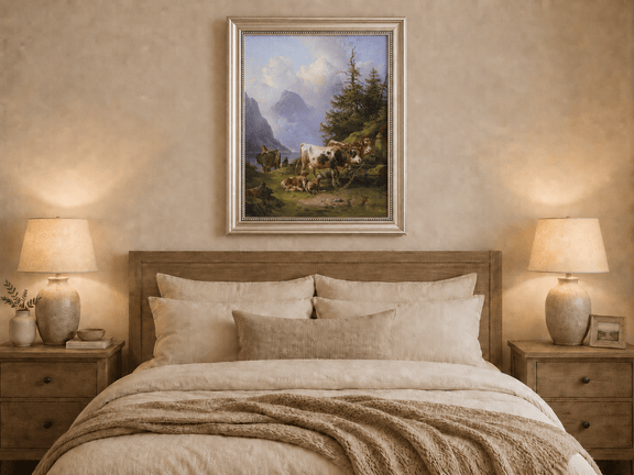 Hand-painted alpine lake with cattle, goats, herder and mountain landscape oil painting displayed above a bed in a bedroom interior.