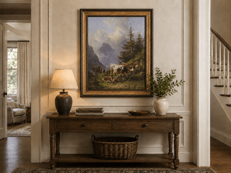 Hand-painted alpine lake with cattle, goats, herder and mountain landscape oil painting displayed above a console table in a hallway interior.
