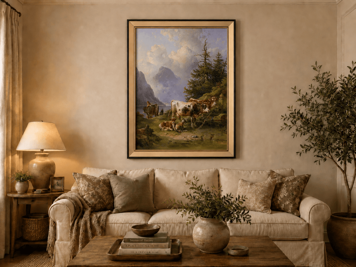 Hand-painted alpine lake with cattle, goats, herder and mountain landscape oil painting displayed above a sofa in a living room interior.