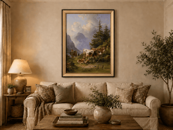 Hand-painted alpine lake with cattle, goats, herder and mountain landscape oil painting displayed above a sofa in a living room interior.