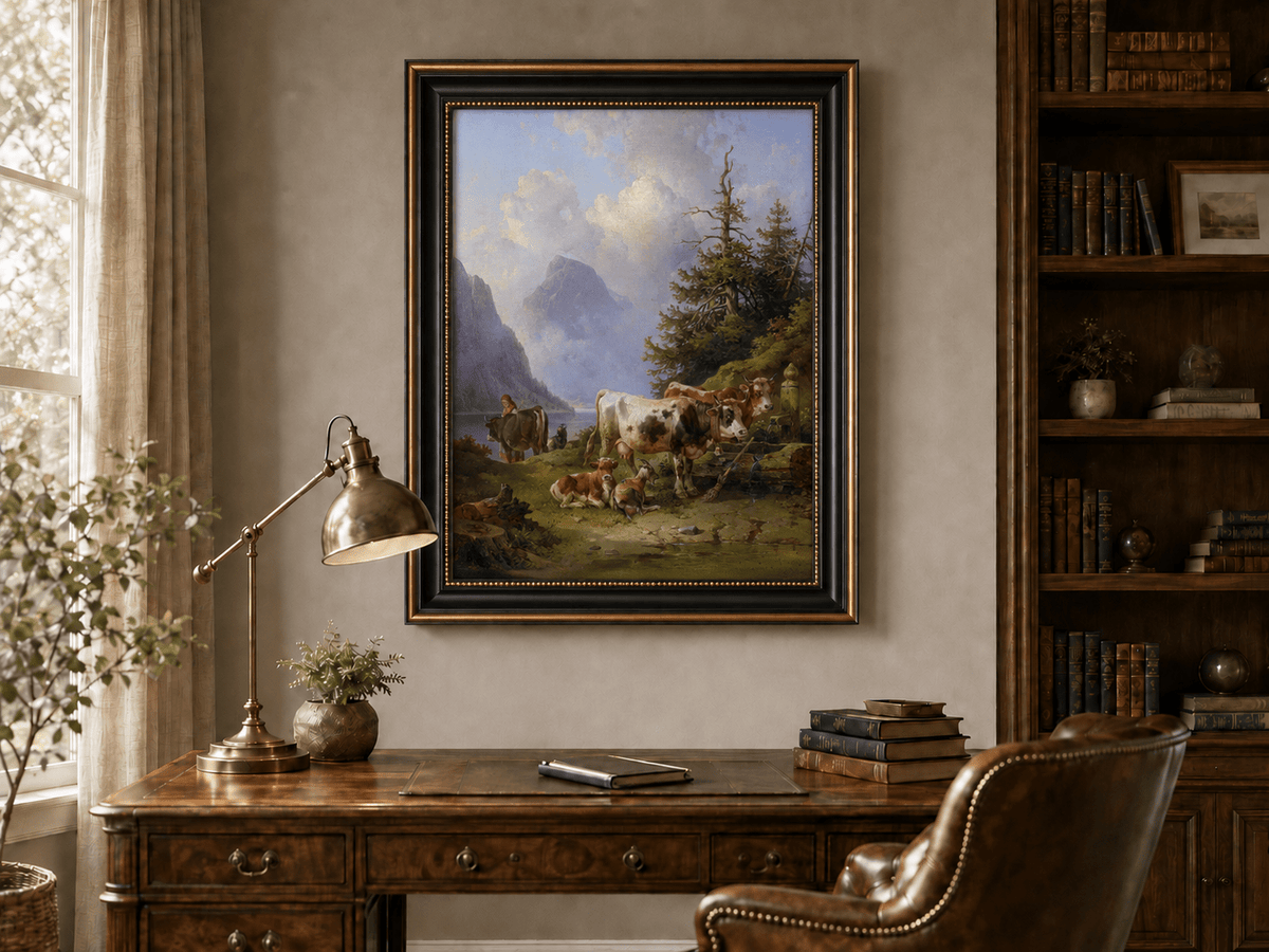 Hand-painted alpine lake with cattle, goats, herder and mountain landscape oil painting displayed above a desk in a home office interior.