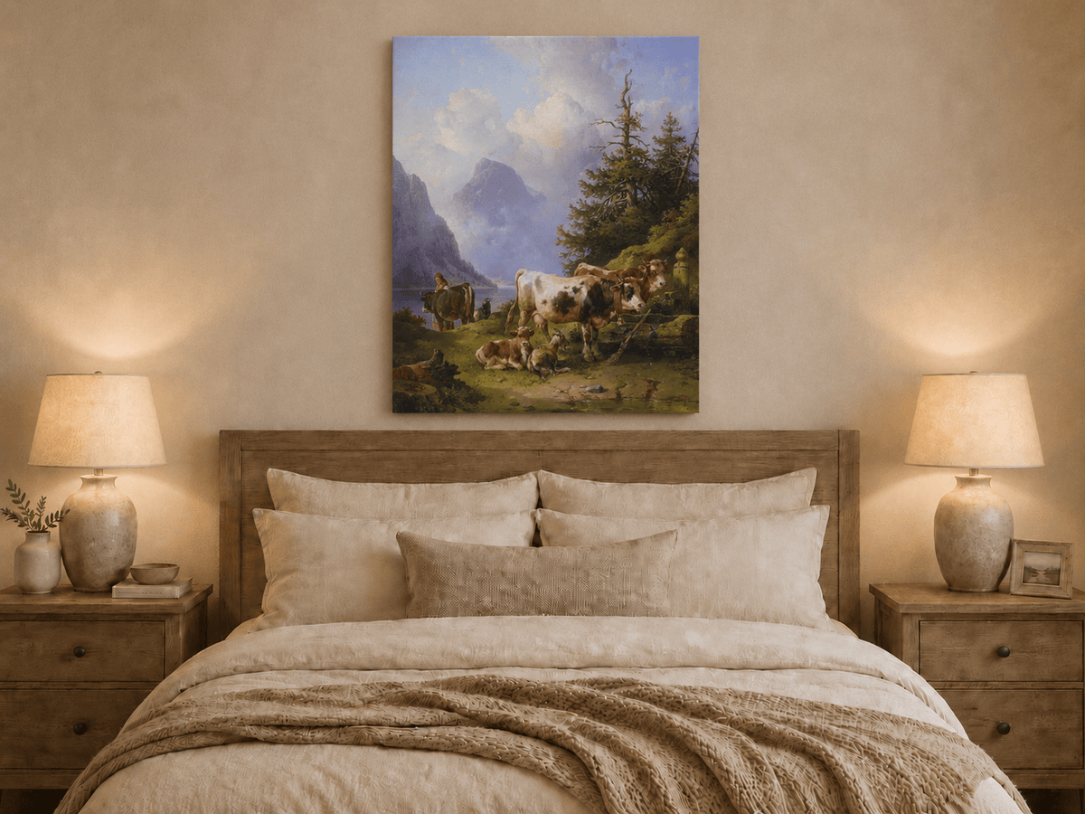 Hand-painted alpine lake with cattle, goats, herder and mountain landscape oil painting displayed above a bed in a bedroom interior.
