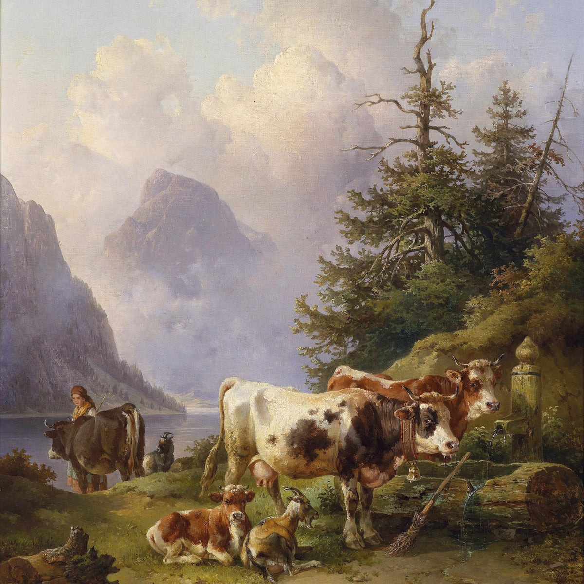 Landscape Oil Painting - Alpine Lake Cattle
