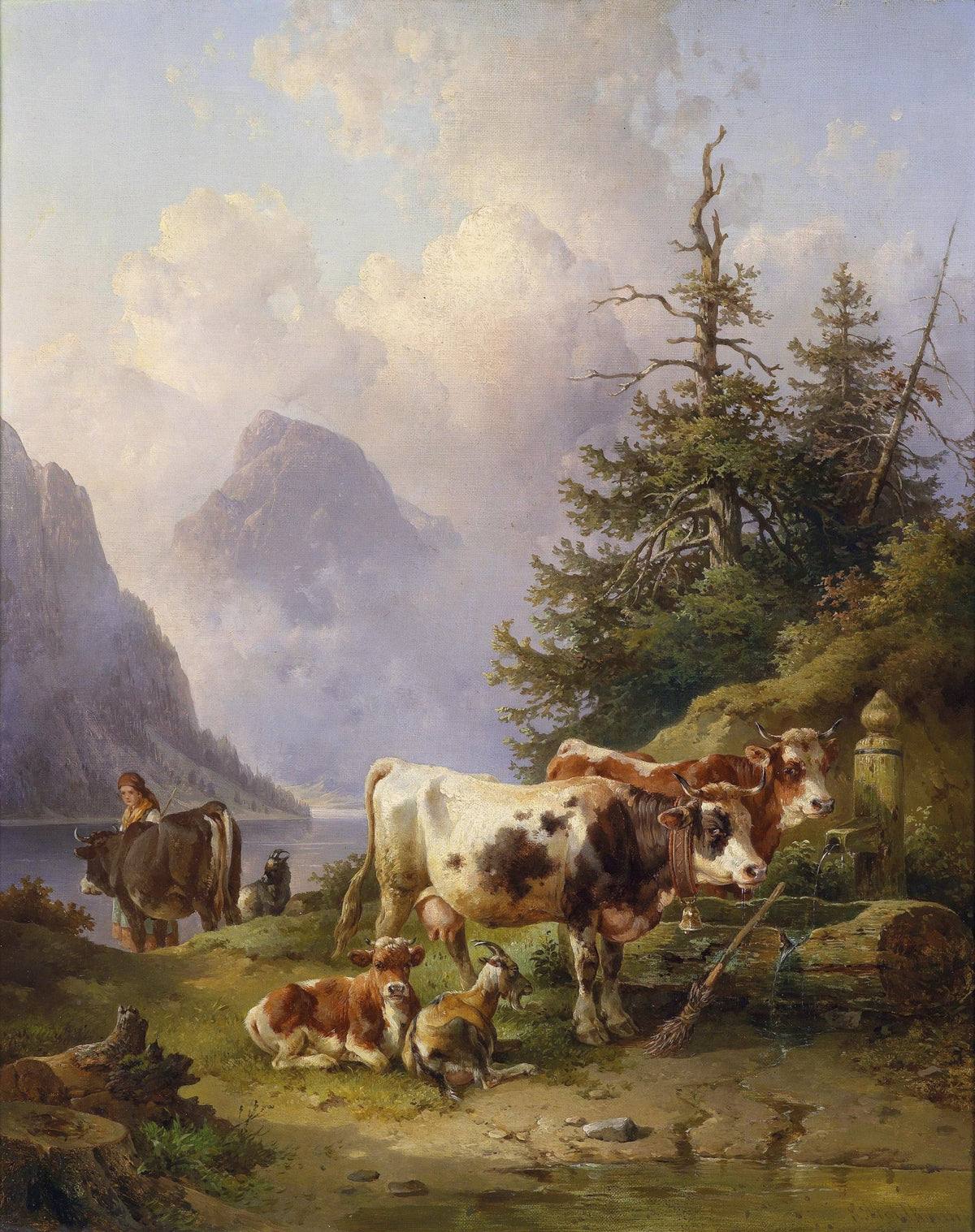 Landscape Oil Painting - Alpine Lake Cattle