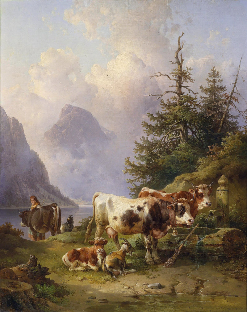 Landscape Oil Painting - Alpine Lake Cattle