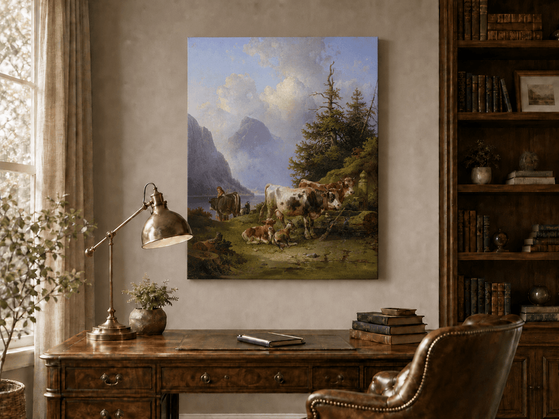 Hand-painted alpine lake with cattle, goats, herder and mountain landscape oil painting displayed above a desk in a home office interior.