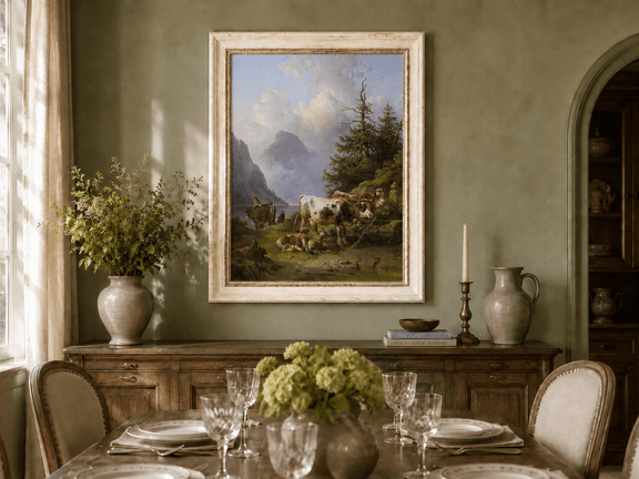 Hand-painted alpine lake with cattle, goats, herder and mountain landscape oil painting displayed in a dining room interior.