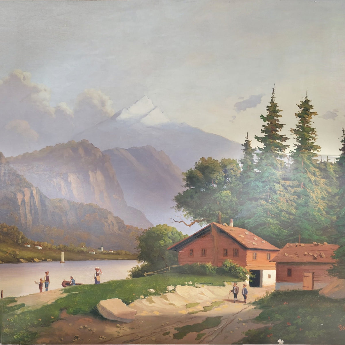Hand-painted alpine lake chalet and snow peak view landscape oil painting on canvas