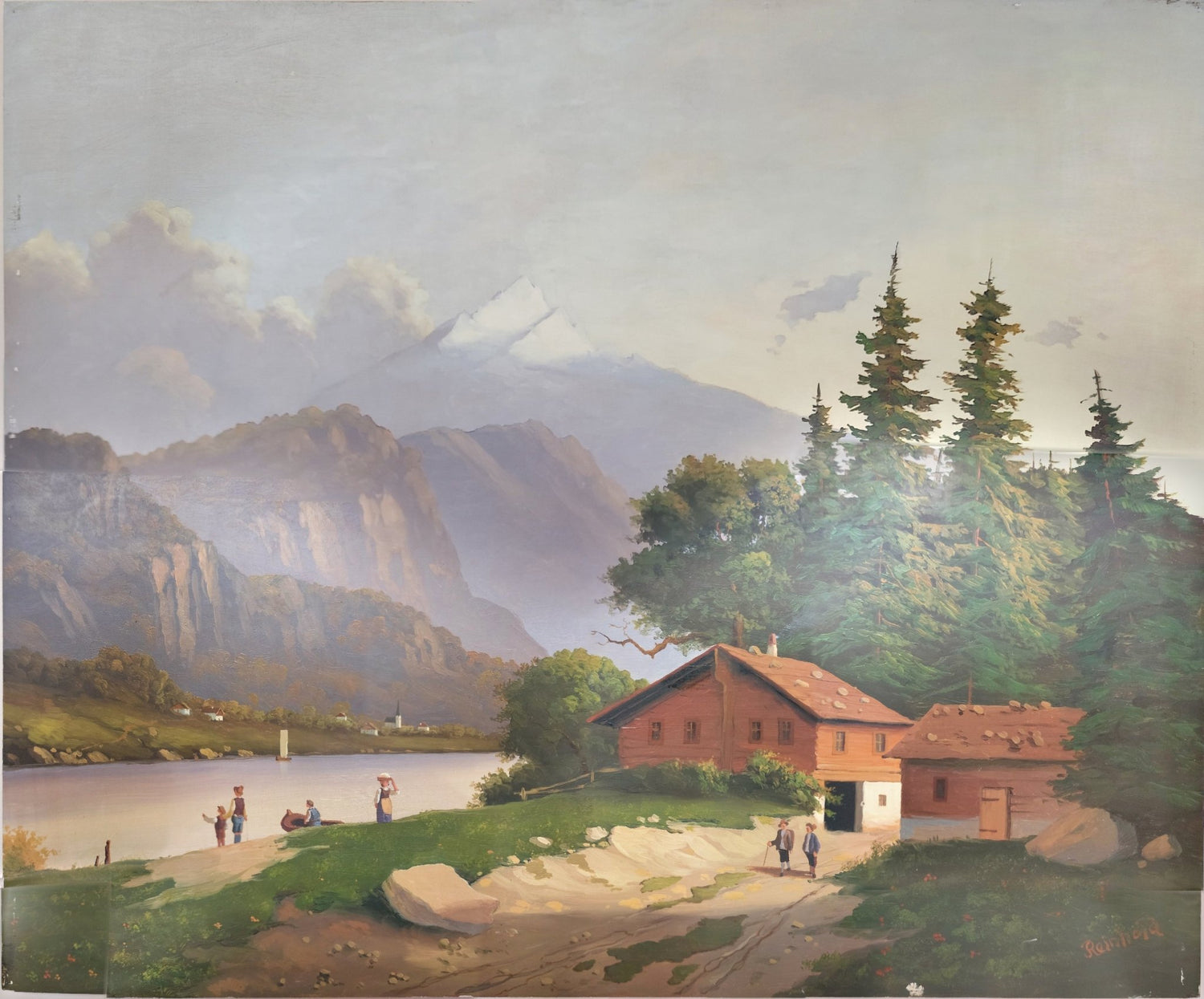 Hand-painted alpine lake chalet and snow peak view landscape oil painting on canvas