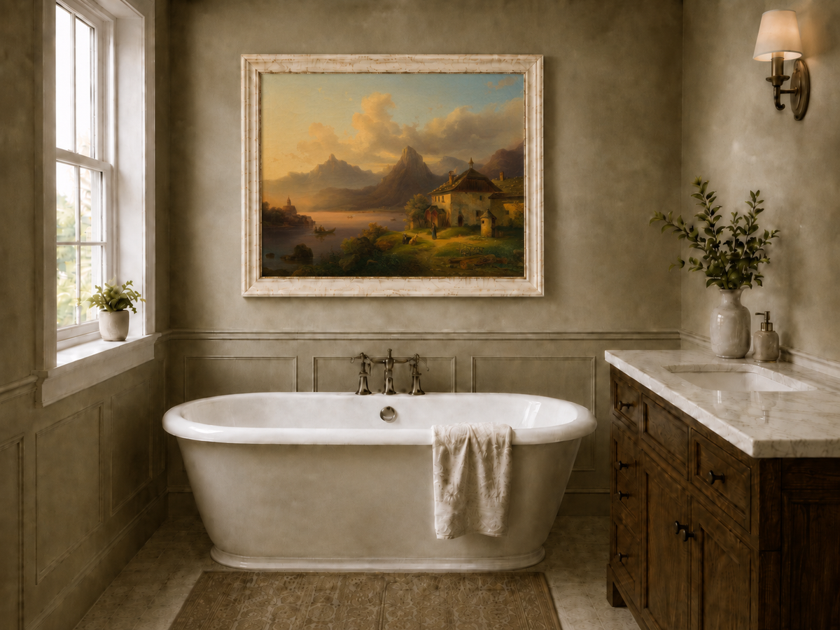 Hand-painted alpine lake cottage with sunset mountain landscape oil painting displayed in a bathroom interior above a bathtub.