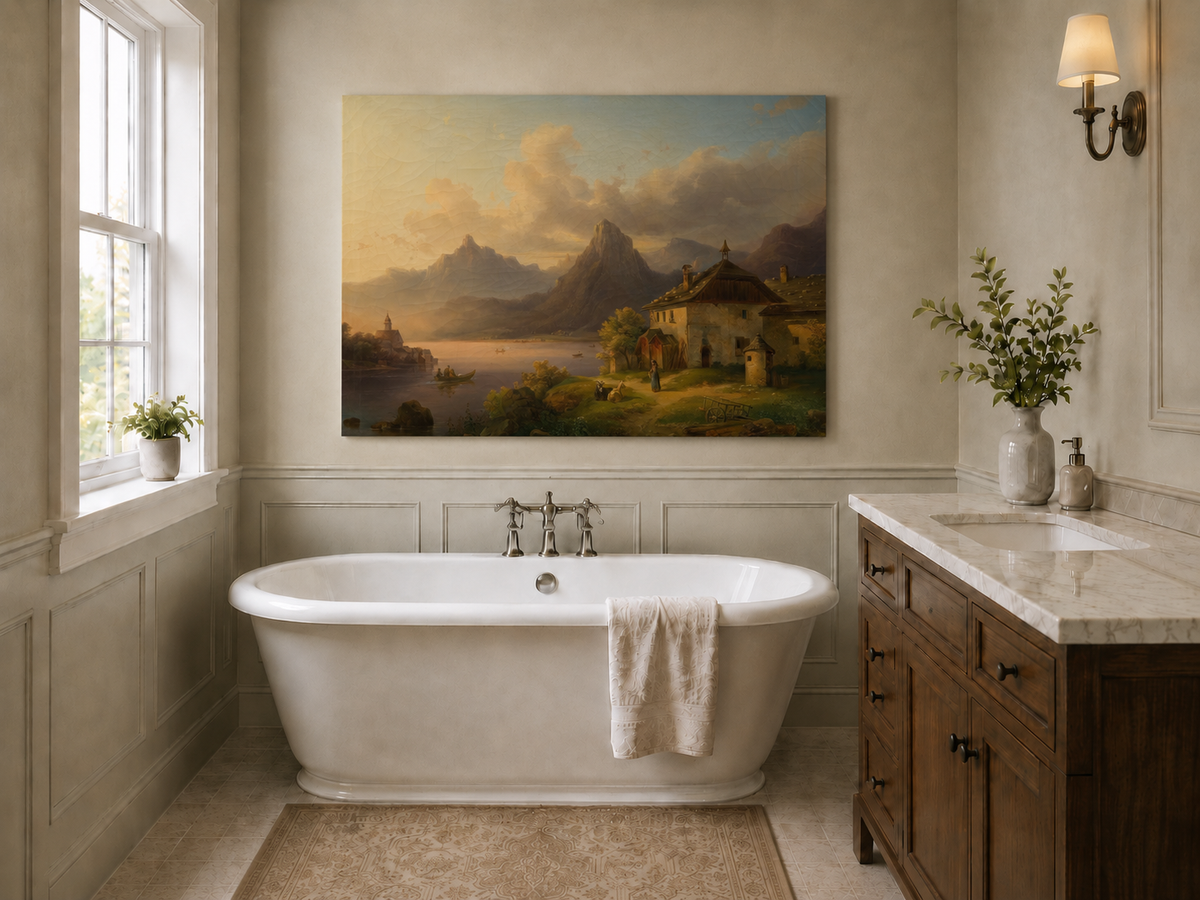 Hand-painted alpine lake cottage with sunset mountain landscape oil painting displayed in a bathroom interior above a bathtub.