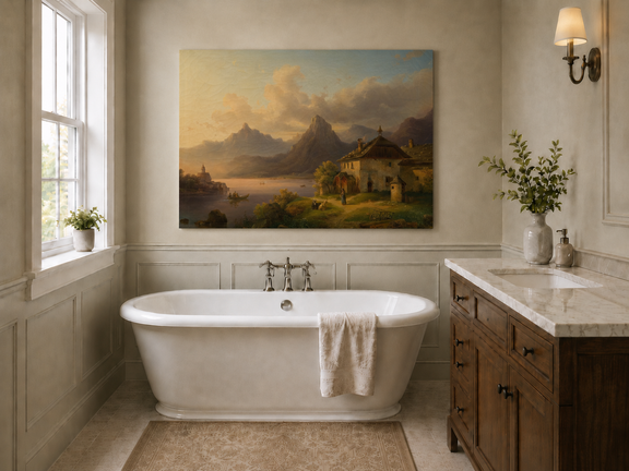 Hand-painted alpine lake cottage with sunset mountain landscape oil painting displayed in a bathroom interior above a bathtub.
