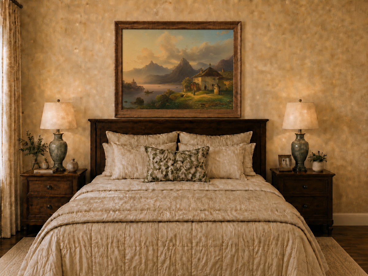 Hand-painted alpine lake cottage with sunset mountain landscape oil painting displayed above a bed in a bedroom interior.