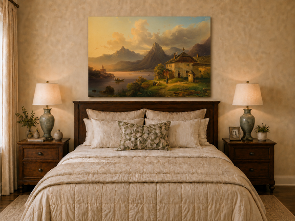 Hand-painted alpine lake cottage with sunset mountain landscape oil painting displayed above a bed in a bedroom interior.