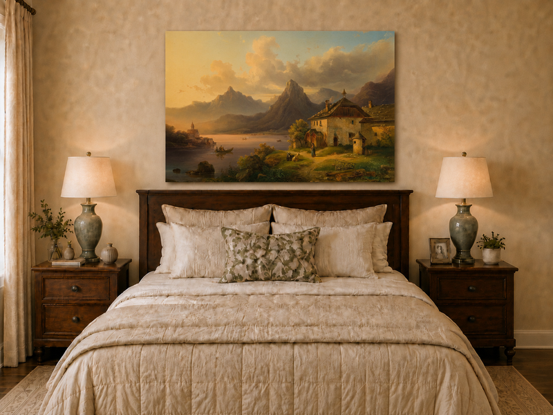 Hand-painted alpine lake cottage with sunset mountain landscape oil painting displayed above a bed in a bedroom interior.
