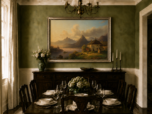 Hand-painted alpine lake cottage with sunset mountain landscape oil painting displayed in a dining room interior.