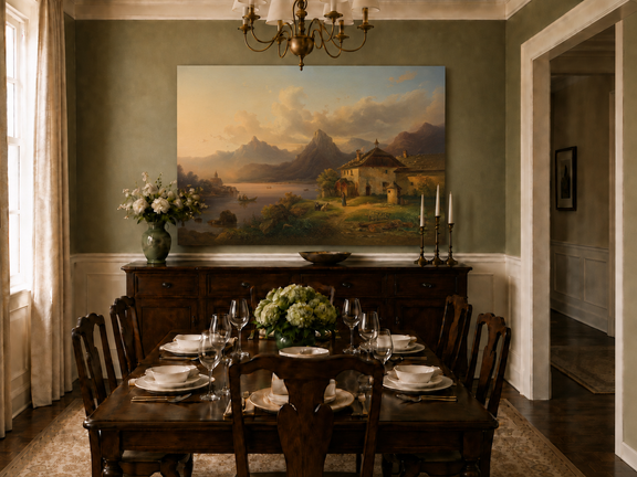 Hand-painted alpine lake cottage with sunset mountain landscape oil painting displayed in a dining room interior.