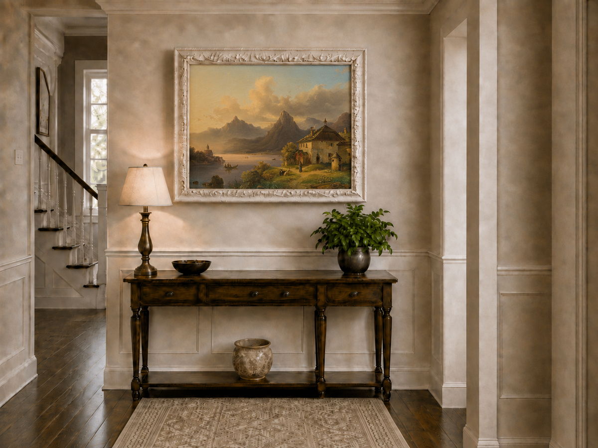 Hand-painted alpine lake cottage with sunset mountain landscape oil painting displayed above a console table in a hallway interior.