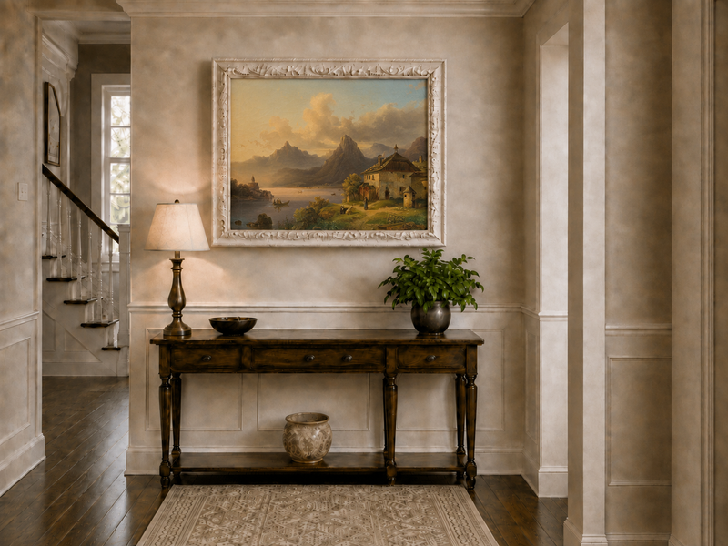 Hand-painted alpine lake cottage with sunset mountain landscape oil painting displayed above a console table in a hallway interior.