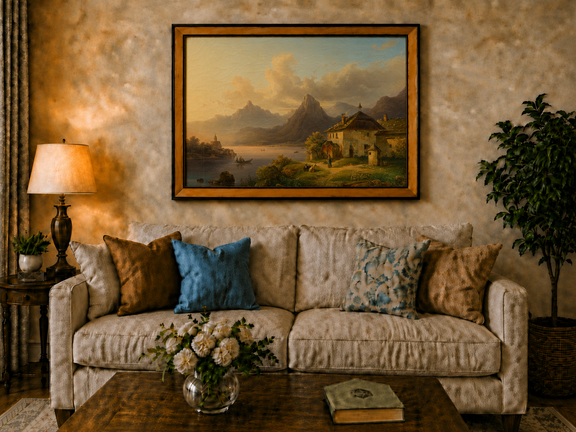 Hand-painted alpine lake cottage with sunset mountain landscape oil painting displayed above a sofa in a living room interior.
