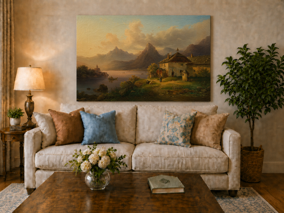 Hand-painted alpine lake cottage with sunset mountain landscape oil painting displayed above a sofa in a living room interior.