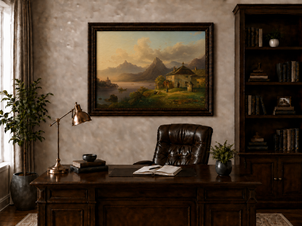 Hand-painted alpine lake cottage with sunset mountain landscape oil painting displayed above a desk in a home office interior.