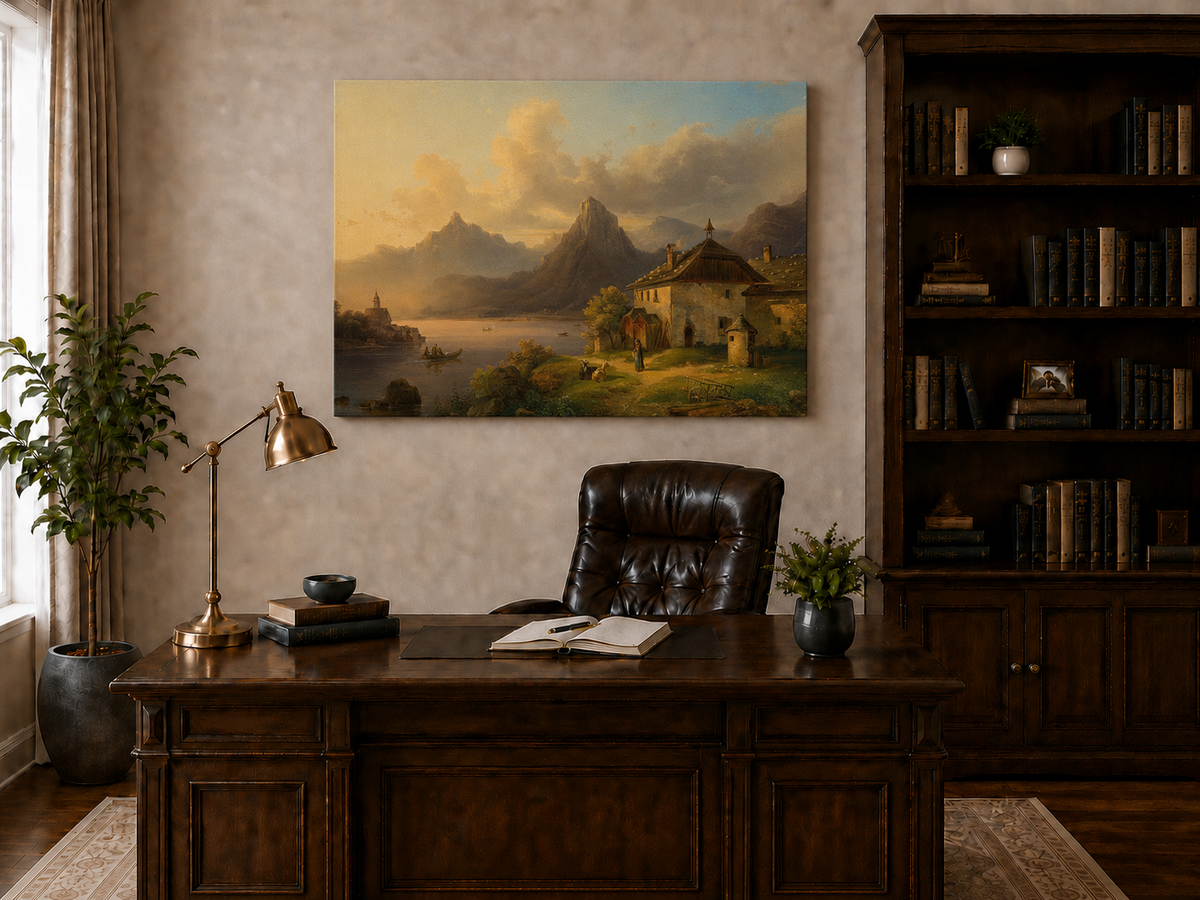 Hand-painted alpine lake cottage with sunset mountain landscape oil painting displayed above a desk in a home office interior.