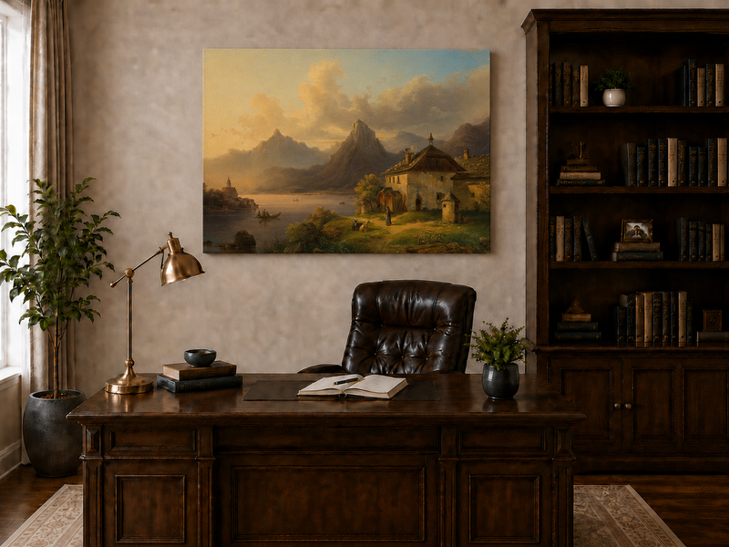 Hand-painted alpine lake cottage with sunset mountain landscape oil painting displayed above a desk in a home office interior.