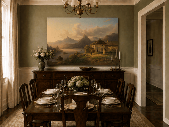 Hand-painted alpine lake cottage with sunset mountain landscape oil painting displayed in a dining room interior.