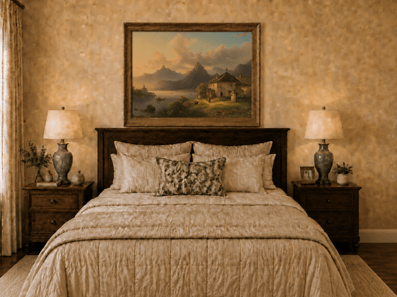 Hand-painted alpine lake cottage with sunset mountain landscape oil painting displayed above a bed in a bedroom interior.