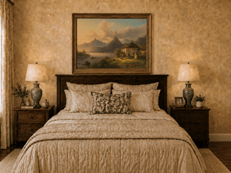 Hand-painted alpine lake cottage with sunset mountain landscape oil painting displayed above a bed in a bedroom interior.