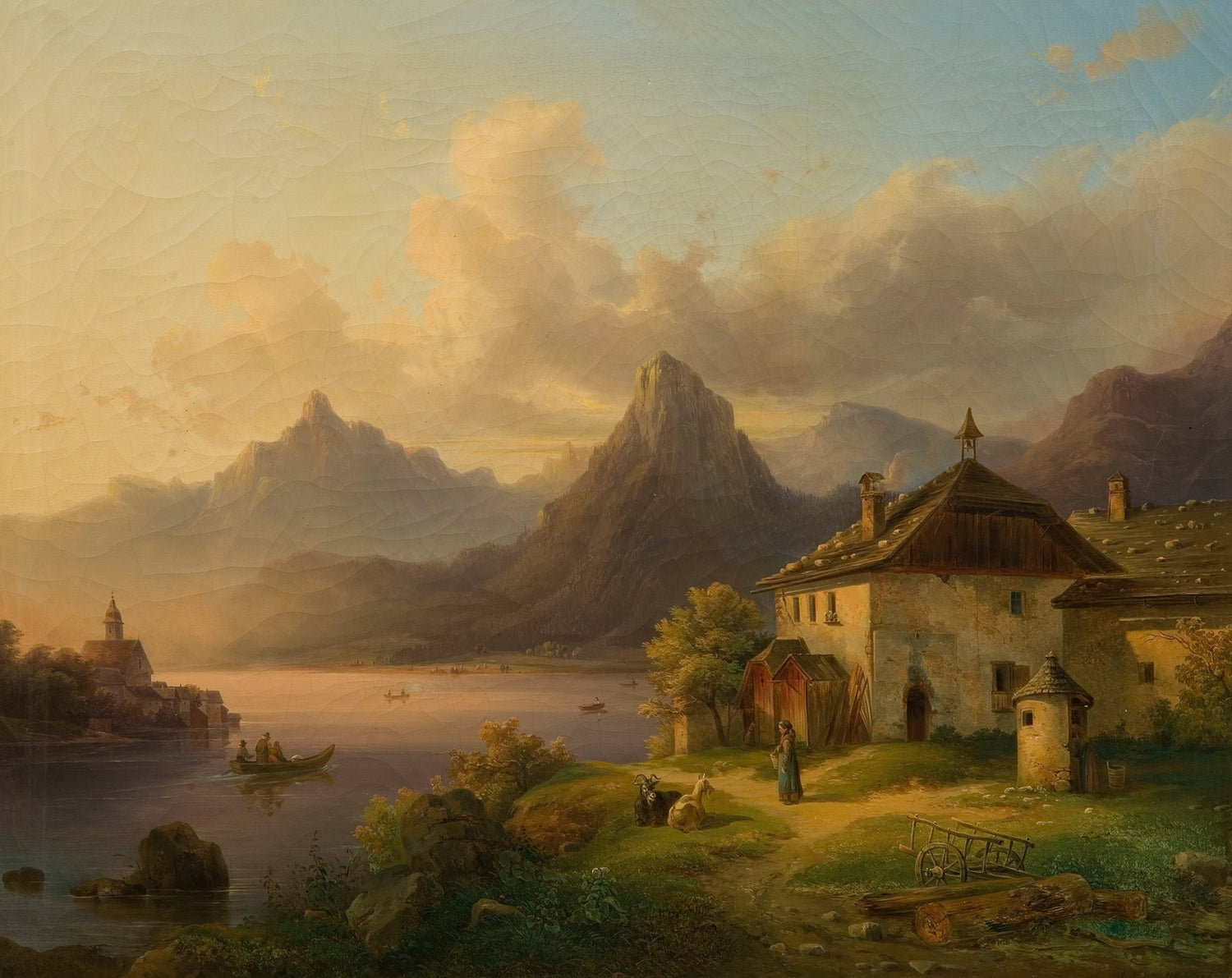 Landscape Oil Painting - Alpine Lake Cottage with Sunset Mountain - Oil Painting Haven