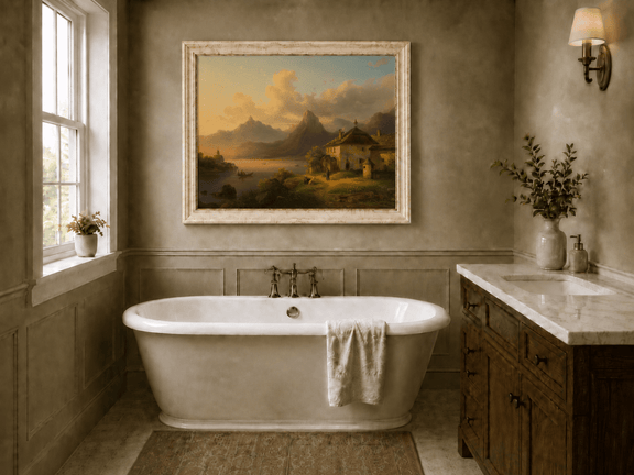 Hand-painted alpine lake cottage with sunset mountain landscape oil painting displayed in a bathroom interior above a bathtub.