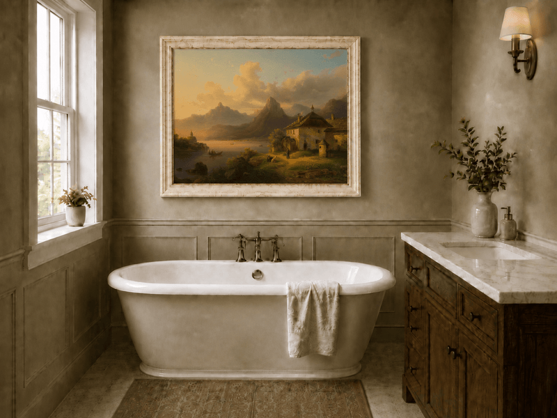 Hand-painted alpine lake cottage with sunset mountain landscape oil painting displayed in a bathroom interior above a bathtub.