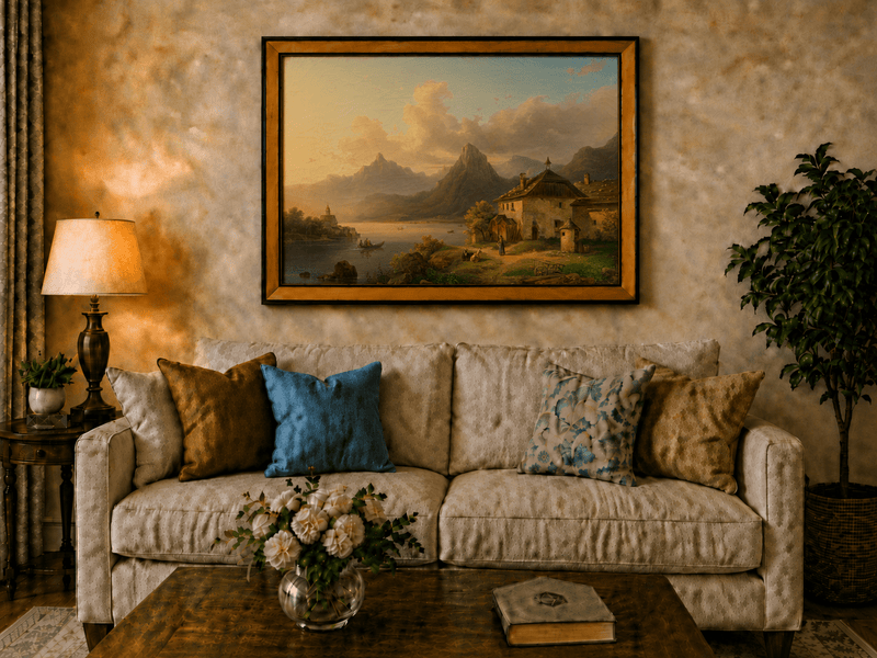 Hand-painted alpine lake cottage with sunset mountain landscape oil painting displayed above a sofa in a living room interior.