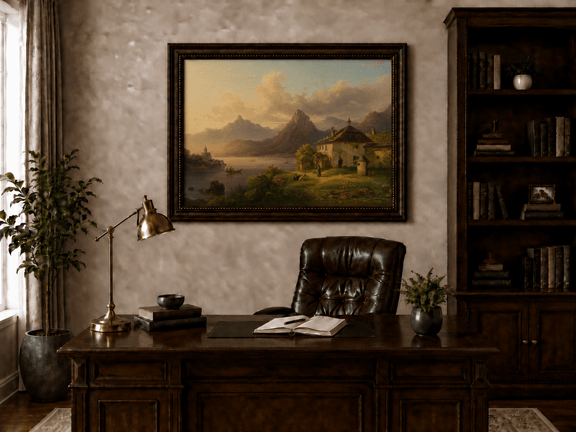 Hand-painted alpine lake cottage with sunset mountain landscape oil painting displayed above a desk in a home office interior.