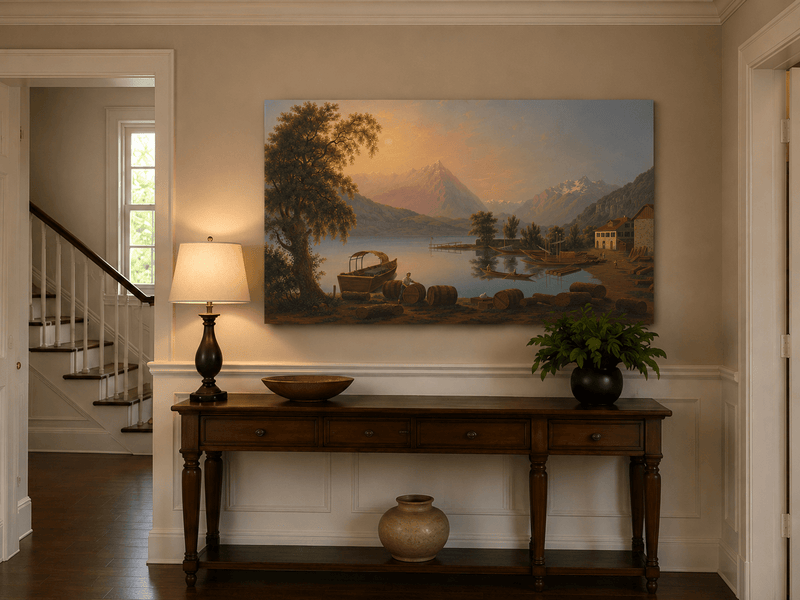 Landscape Oil Painting - Alpine Lake Harbor and Mountain Glow