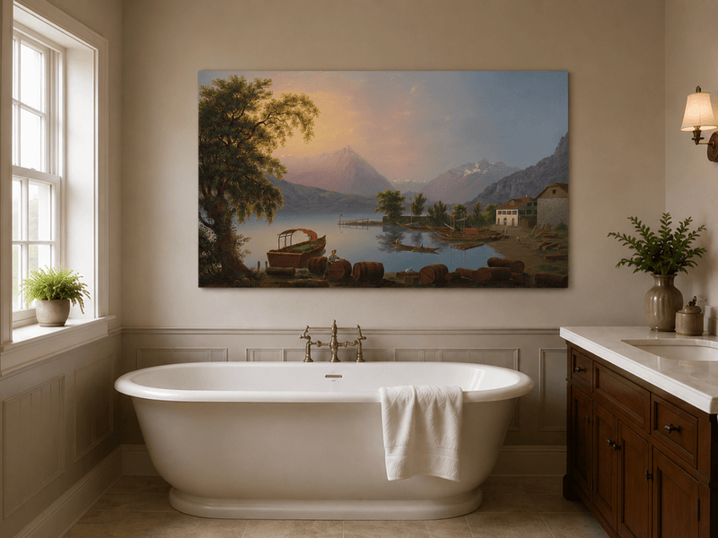 Landscape Oil Painting - Alpine Lake Harbor and Mountain Glow