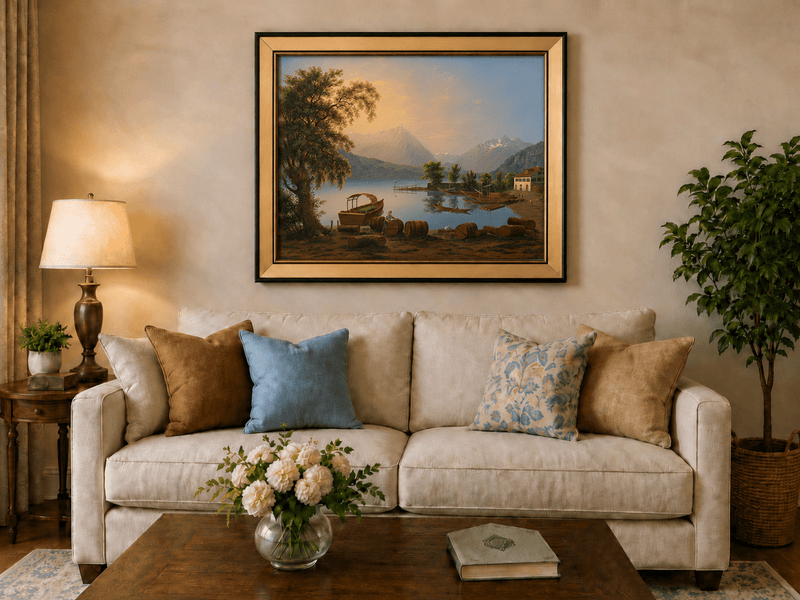 Landscape Oil Painting - Alpine Lake Harbor and Mountain Glow