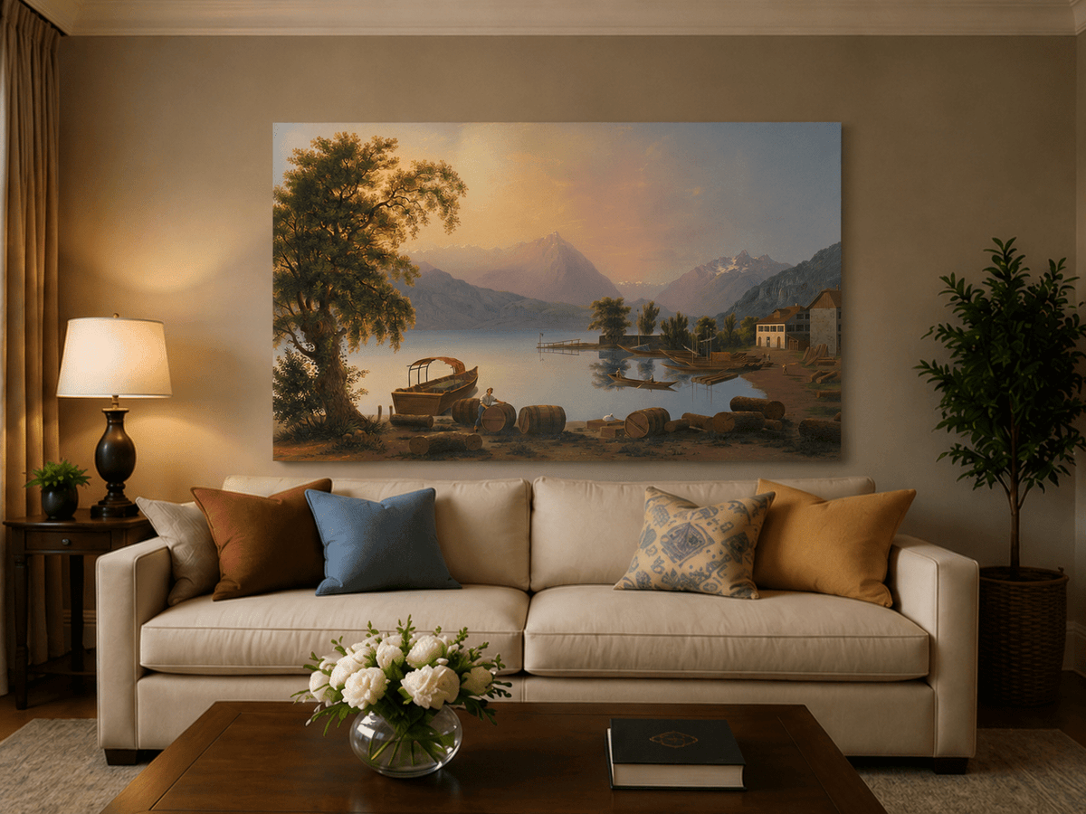 Landscape Oil Painting - Alpine Lake Harbor and Mountain Glow