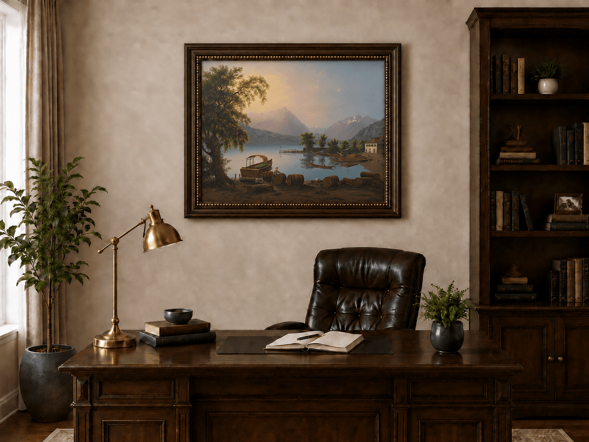 Landscape Oil Painting - Alpine Lake Harbor and Mountain Glow