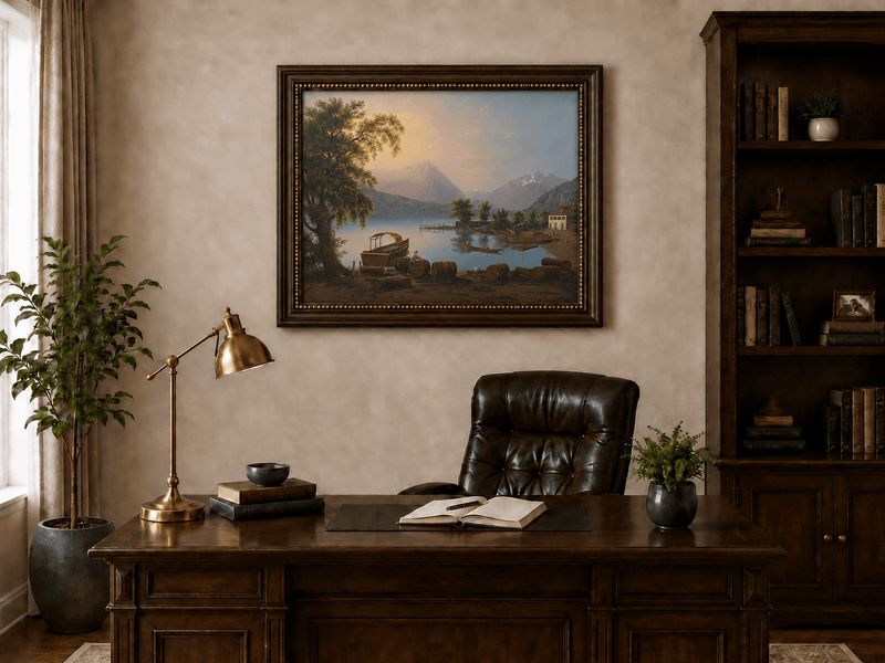 Landscape Oil Painting - Alpine Lake Harbor and Mountain Glow