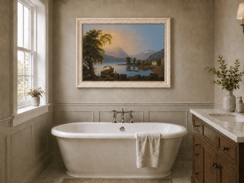Landscape Oil Painting - Alpine Lake Harbor and Mountain Glow