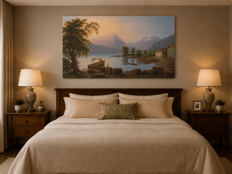 Landscape Oil Painting - Alpine Lake Harbor and Mountain Glow