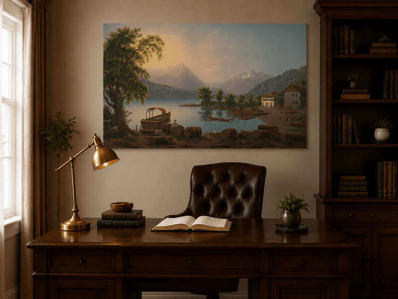 Landscape Oil Painting - Alpine Lake Harbor and Mountain Glow