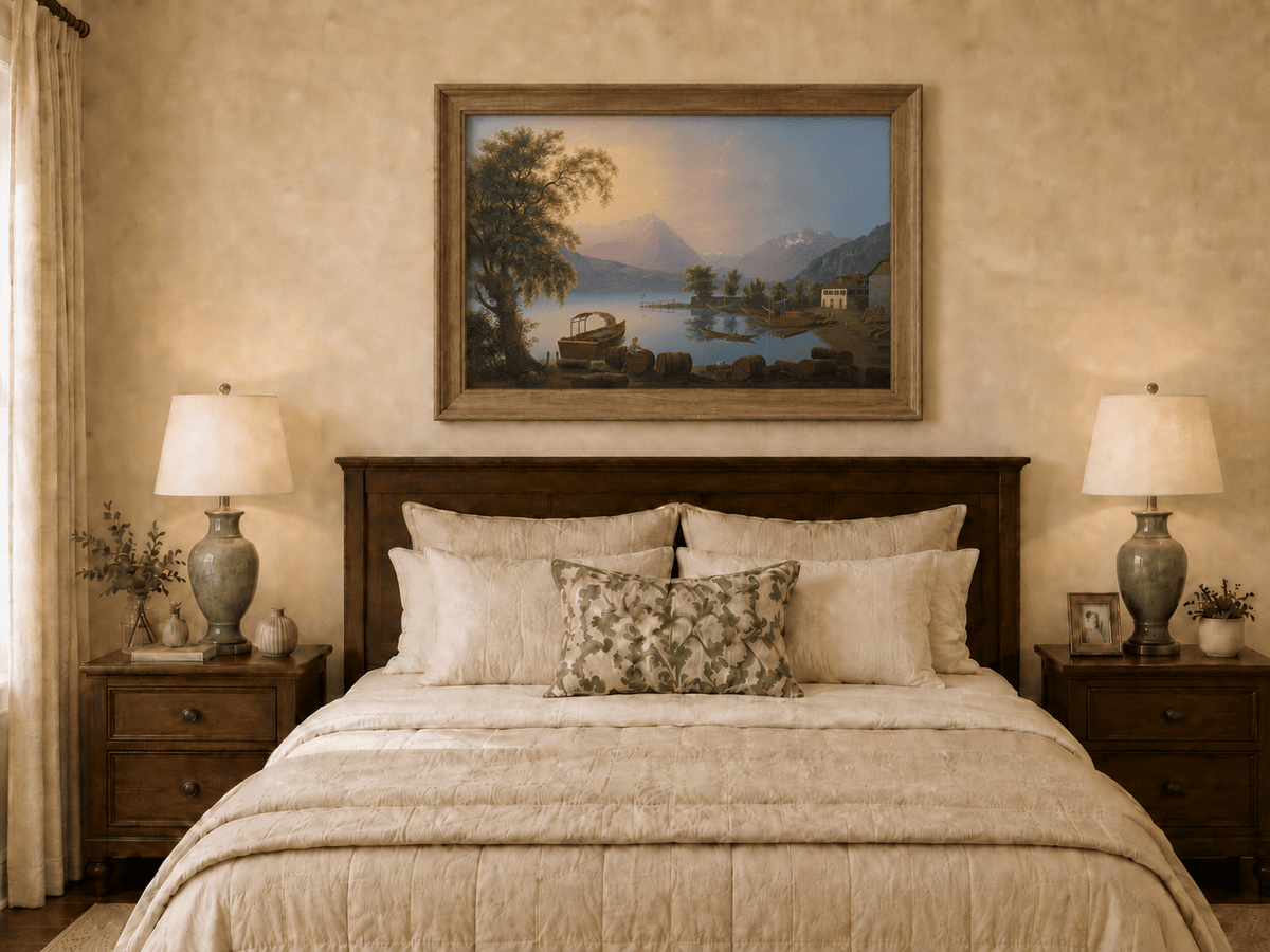 Landscape Oil Painting - Alpine Lake Harbor and Mountain Glow