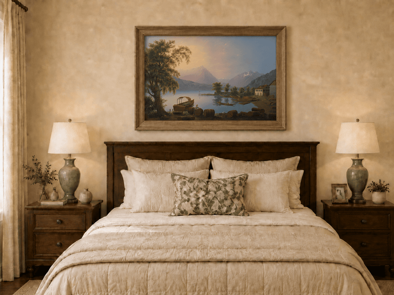 Landscape Oil Painting - Alpine Lake Harbor and Mountain Glow