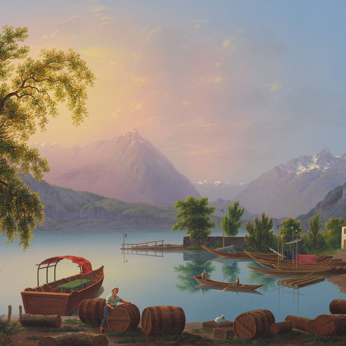 Hand-painted alpine lake harbor and mountain glow landscape oil painting on canvas